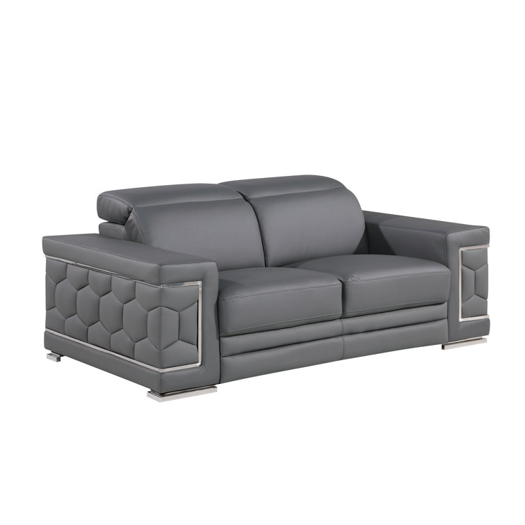 Gray Genuine Leather Sofa and Loveseat Set with Chrome Legs