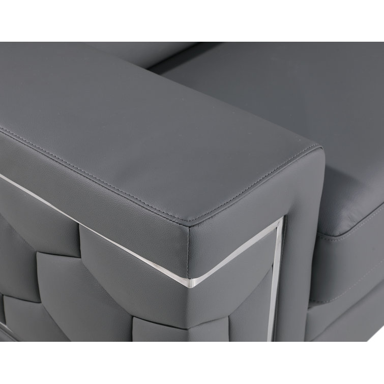 Gray Genuine Leather Sofa and Loveseat Set with Chrome Legs