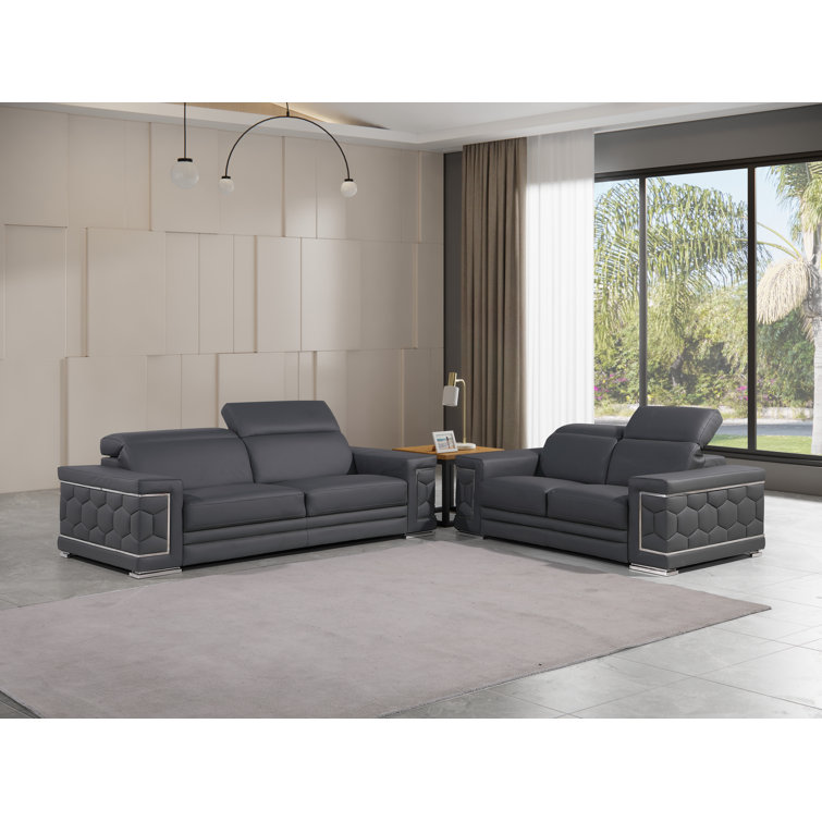 Gray Genuine Leather Sofa and Loveseat Set with Chrome Legs