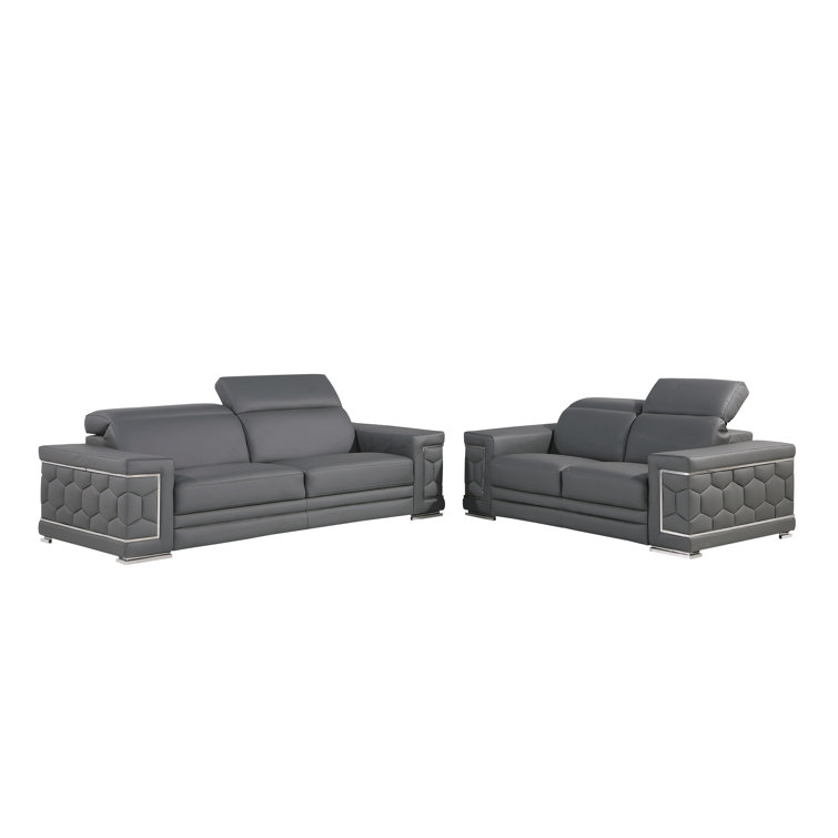 Gray Genuine Leather Sofa and Loveseat Set with Chrome Legs