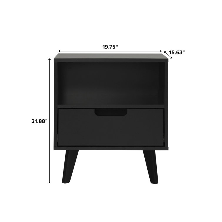 Black MDF 1-Drawer Nightstand with Open Cubby