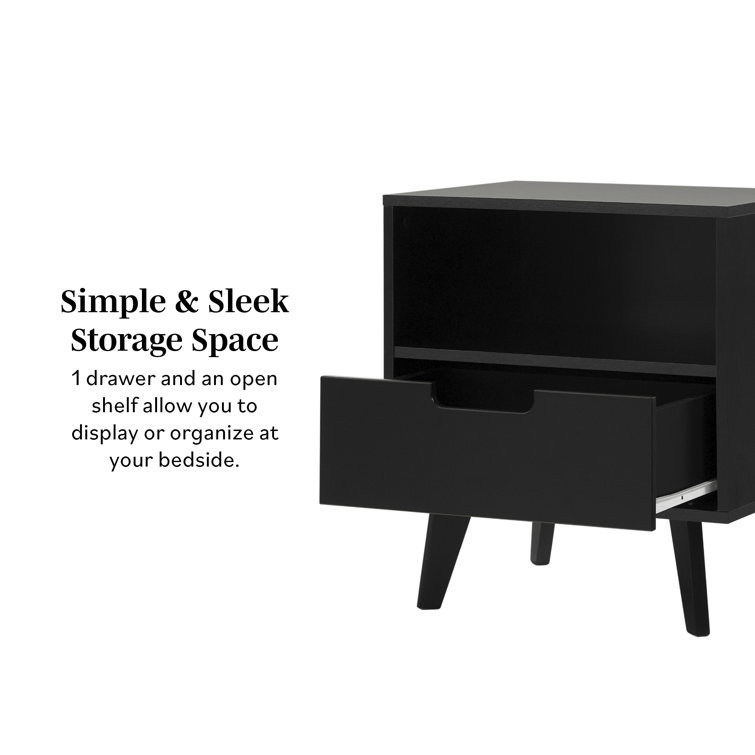 Black MDF 1-Drawer Nightstand with Open Cubby