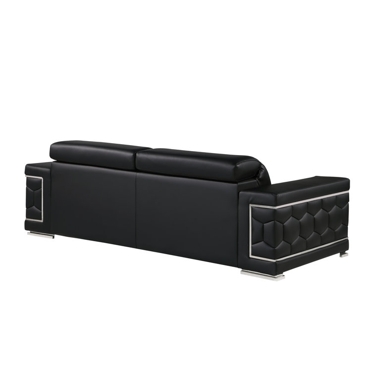 Black Genuine Leather Sofa and Loveseat Set with Chrome Legs