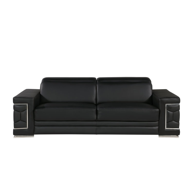 Black Genuine Leather Sofa and Loveseat Set with Chrome Legs