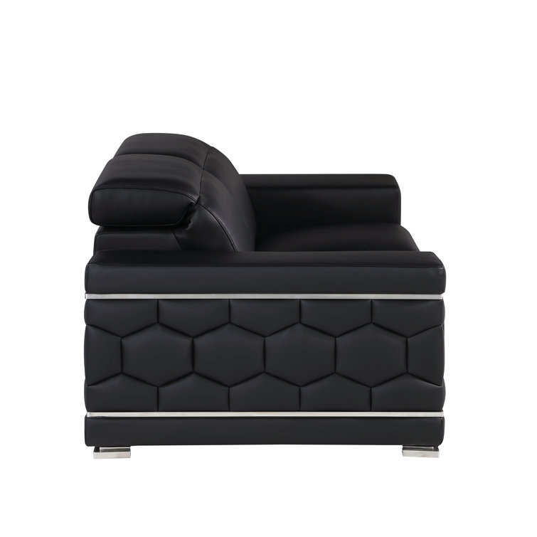 Black Genuine Leather Sofa and Loveseat Set with Chrome Legs