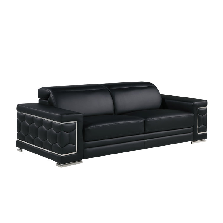 Black Genuine Leather Sofa and Loveseat Set with Chrome Legs
