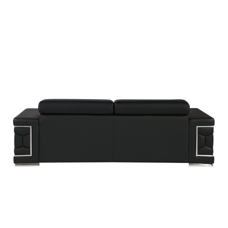 Black Genuine Leather Sofa and Loveseat Set with Chrome Legs