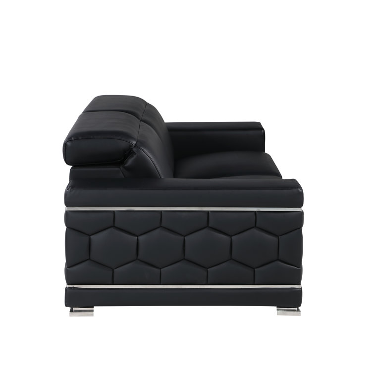 Black Genuine Leather Sofa and Loveseat Set with Chrome Legs