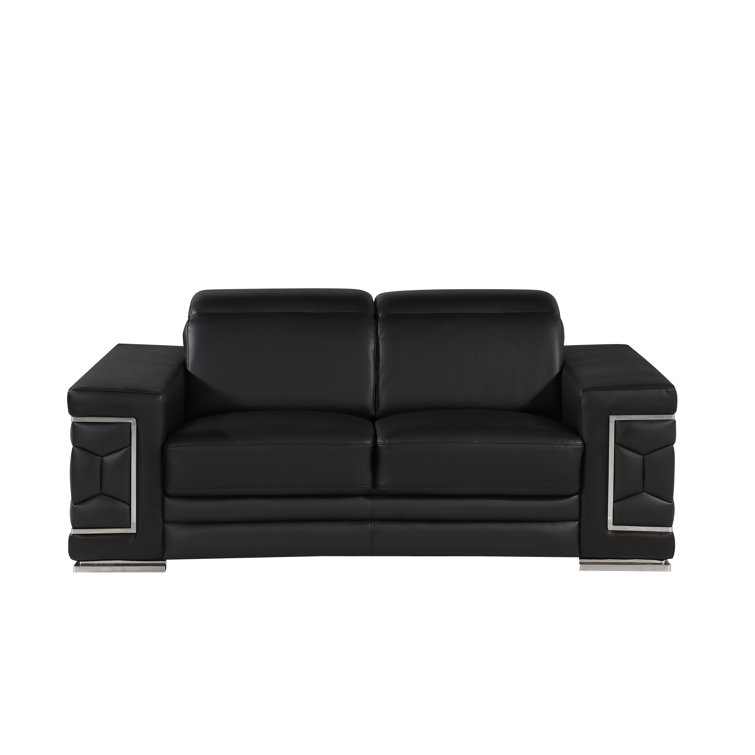Black Genuine Leather Sofa and Loveseat Set with Chrome Legs