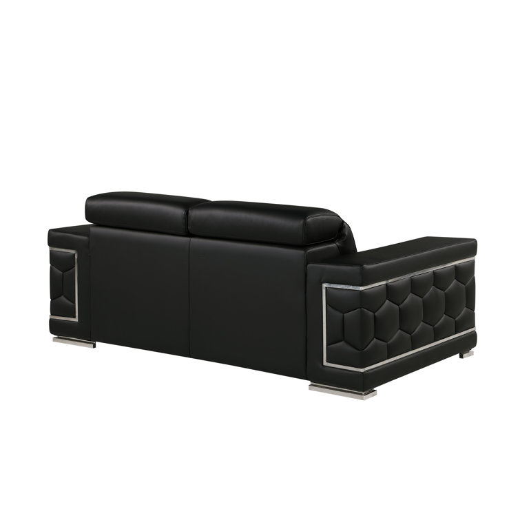 Black Genuine Leather Sofa and Loveseat Set with Chrome Legs