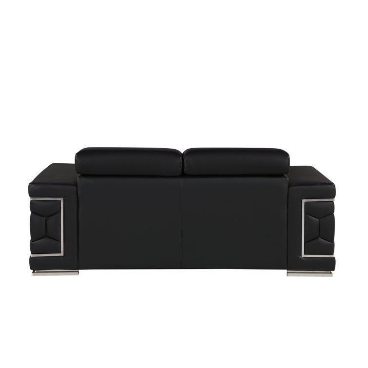 Black Genuine Leather Sofa and Loveseat Set with Chrome Legs
