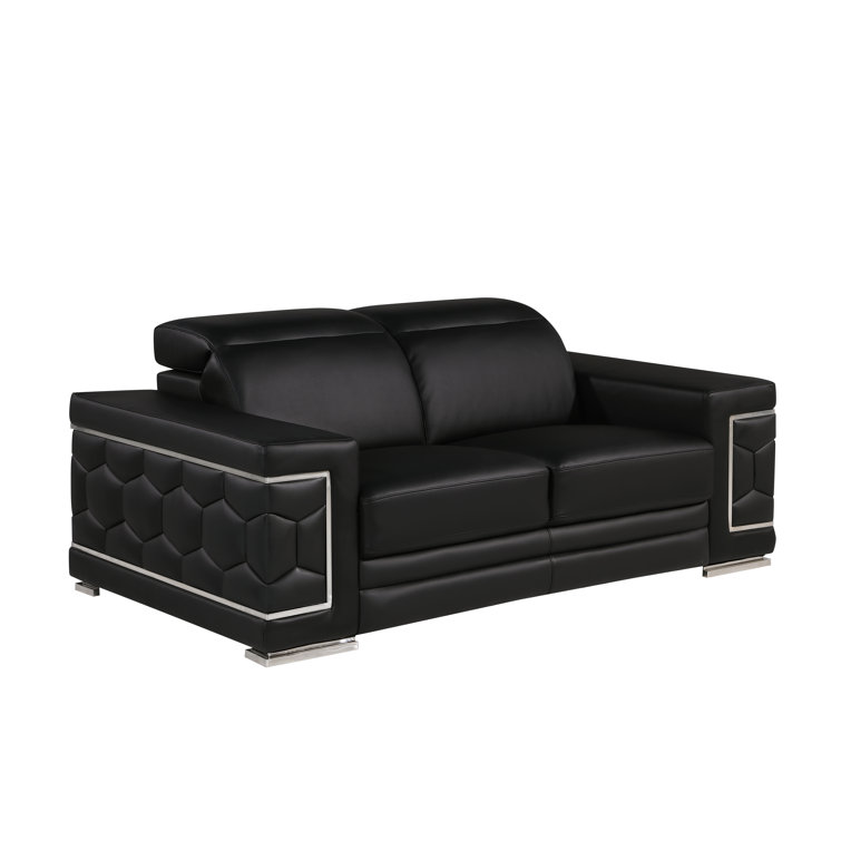 Black Genuine Leather Sofa and Loveseat Set with Chrome Legs
