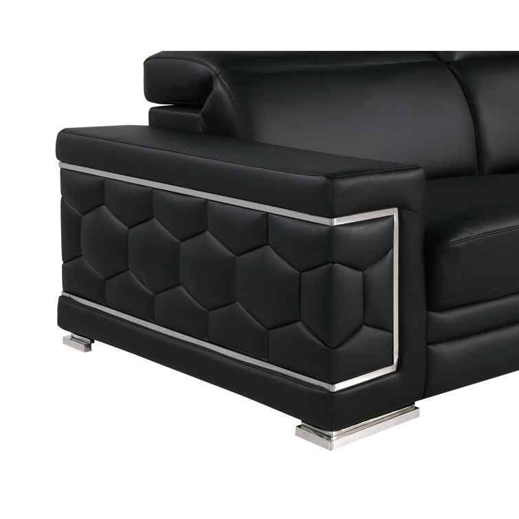 Black Genuine Leather Sofa and Loveseat Set with Chrome Legs
