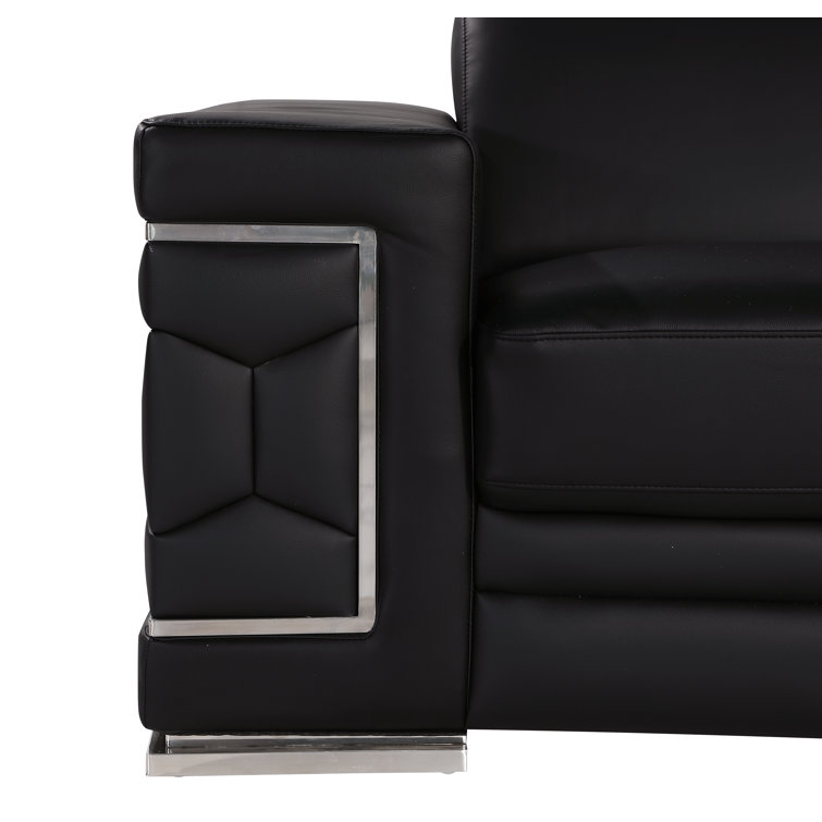 Black Genuine Leather Sofa and Loveseat Set with Chrome Legs