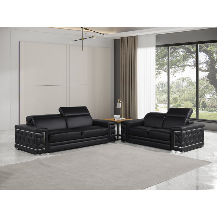 Black Genuine Leather Sofa and Loveseat Set with Chrome Legs