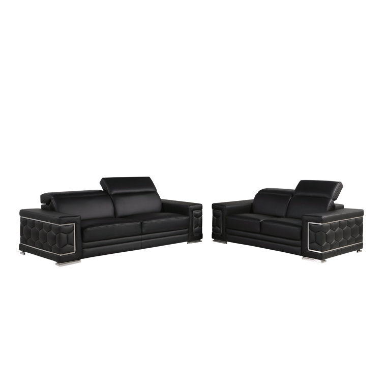Black Genuine Leather Sofa and Loveseat Set with Chrome Legs