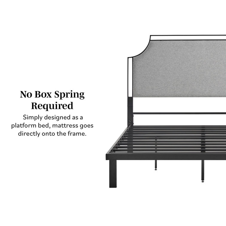 Gray Upholstered Metal Queen Bedframe with Headboard and Slats