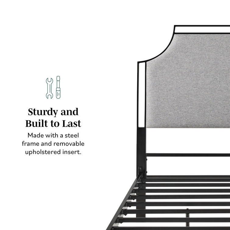Gray Upholstered Metal Queen Bedframe with Headboard and Slats
