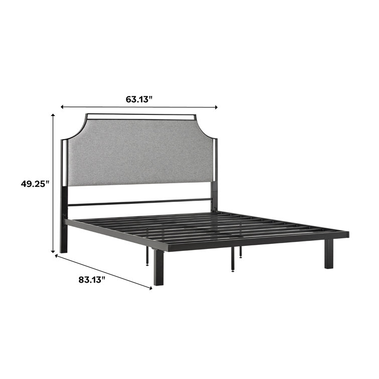 Gray Upholstered Metal Queen Bedframe with Headboard and Slats