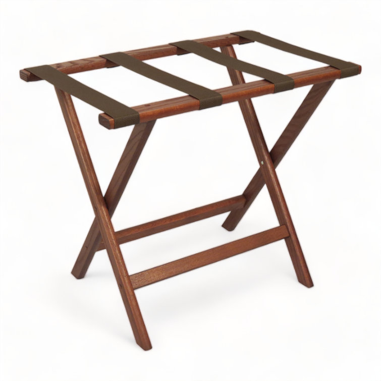 Mahogany Folding Solid Wood Luggage Rack with Brown Polyester Straps