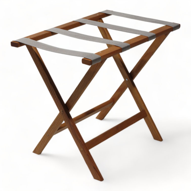 Light Oak Folding Luggage Rack with Gray Straps