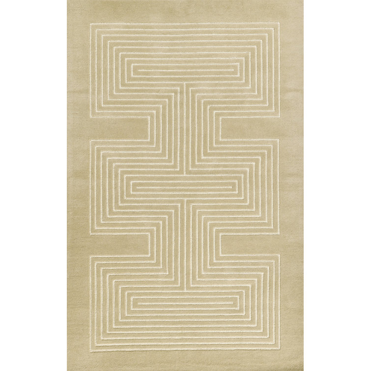 Beige Geometric Hand-Tufted Wool Rectangular Rug 2'x3'