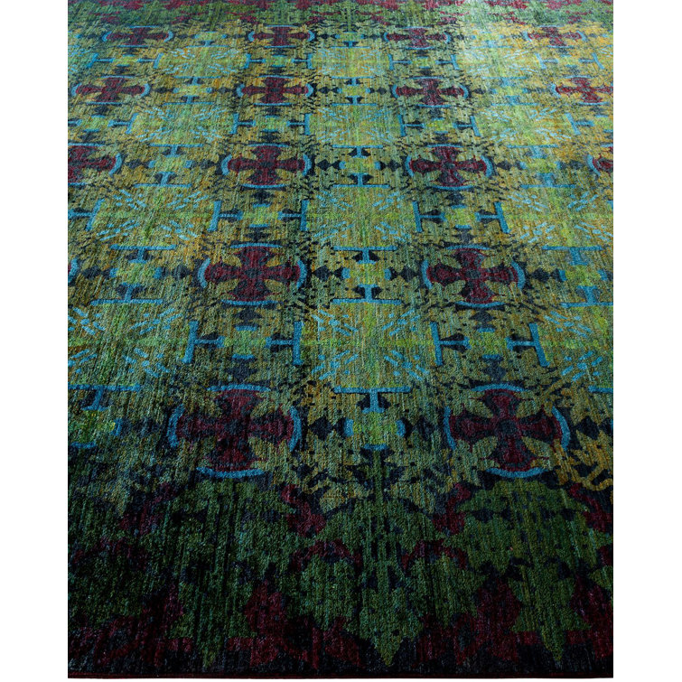 Hand-Knotted Black and Blue Wool 9' x 12' Area Rug