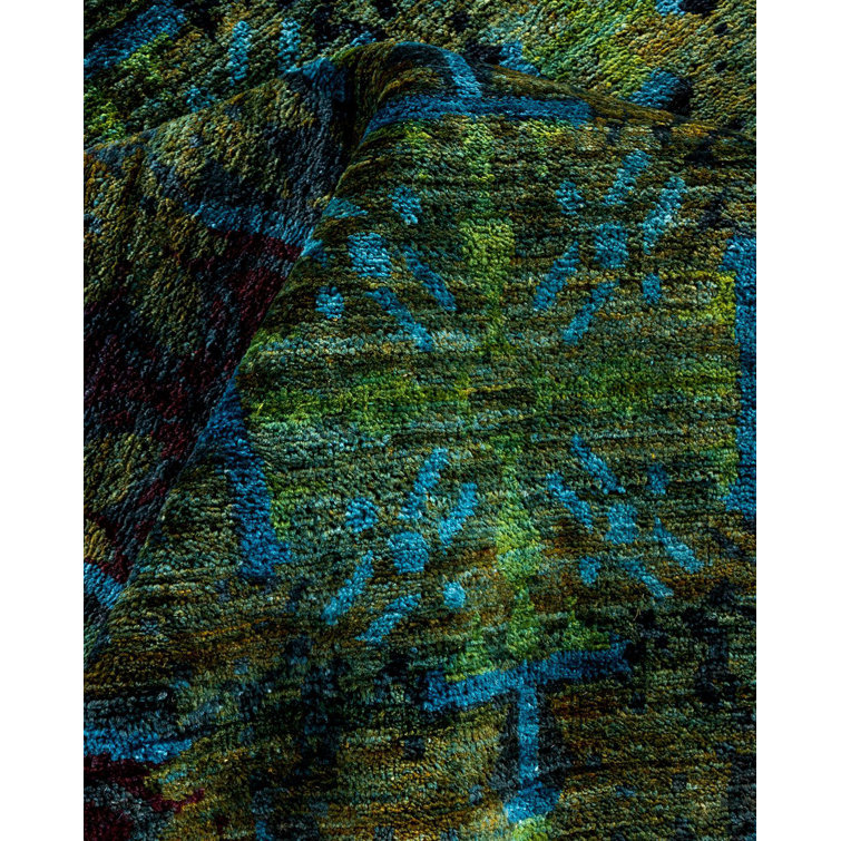 Hand-Knotted Black and Blue Wool 9' x 12' Area Rug