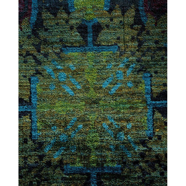 Hand-Knotted Black and Blue Wool 9' x 12' Area Rug