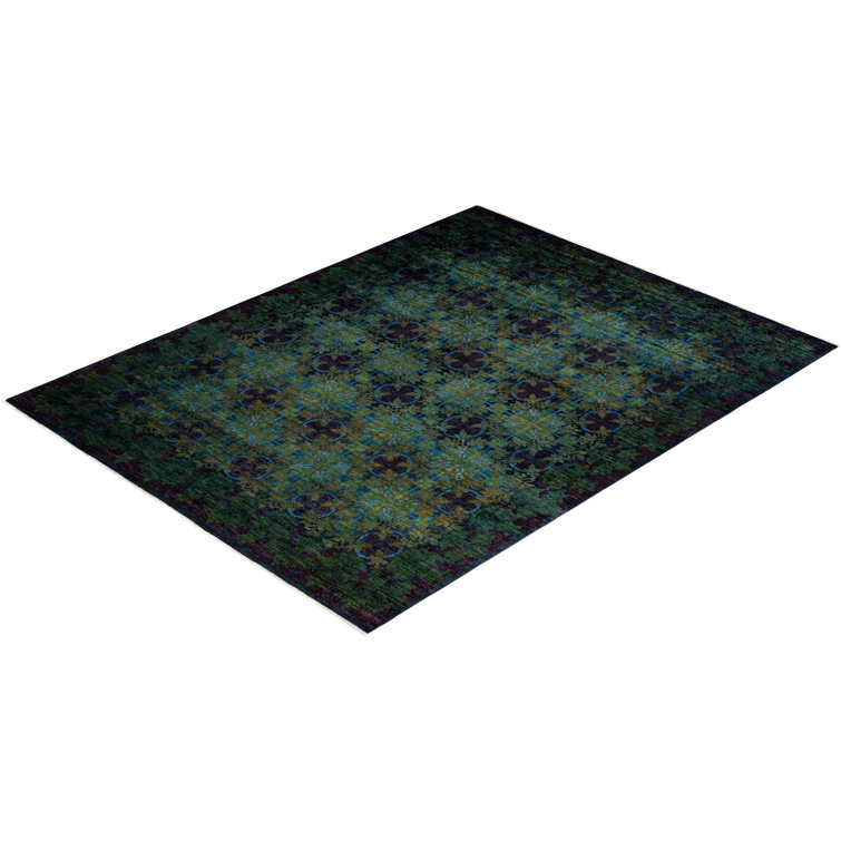 Hand-Knotted Black and Blue Wool 9' x 12' Area Rug