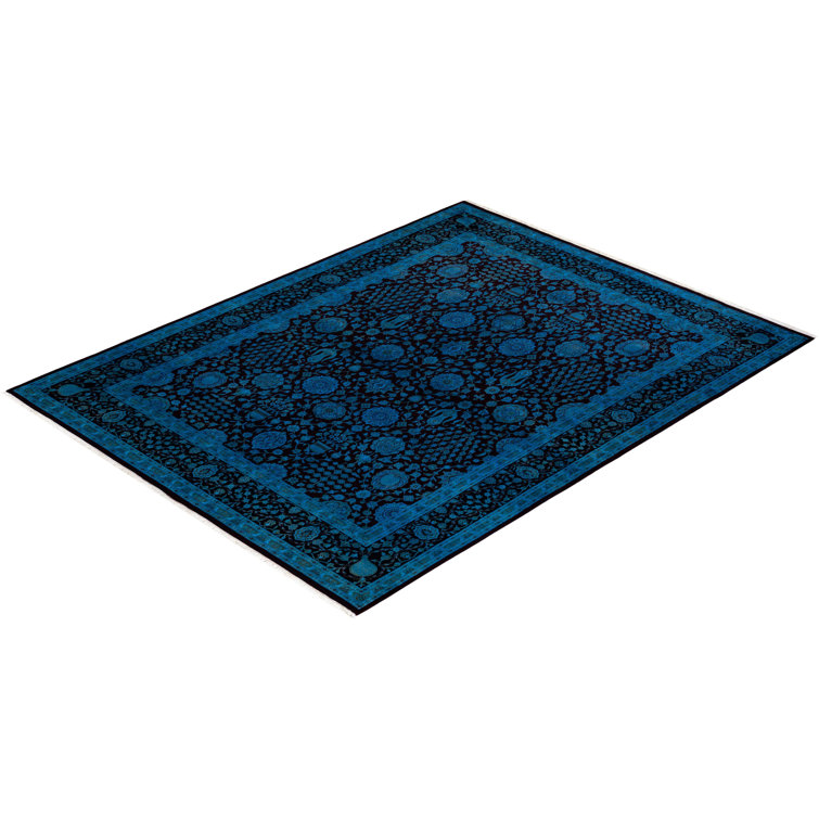 Hand-Knotted Black and Blue Wool 8' x 10' Area Rug