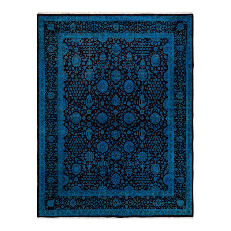 Hand-Knotted Black and Blue Wool 8' x 10' Area Rug