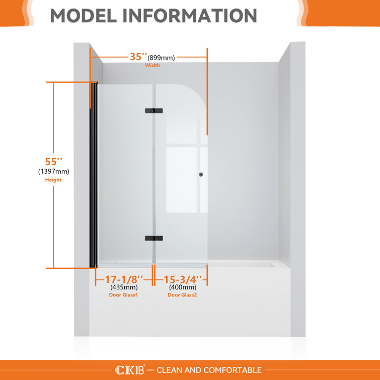 35'' W x 55'' H Frameless Tempered Glass Tub Door with Black Frame