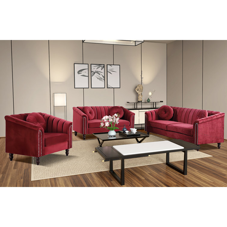 Red Velvet 3-Piece Chesterfield Living Room Set