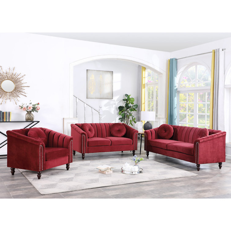 Red Velvet 3-Piece Chesterfield Living Room Set