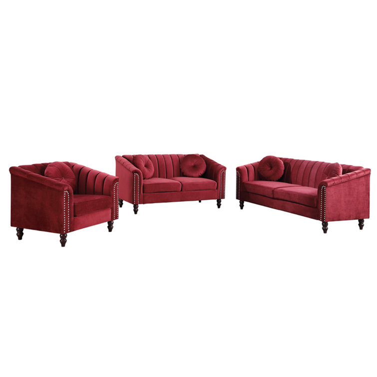 Red Velvet 3-Piece Chesterfield Living Room Set