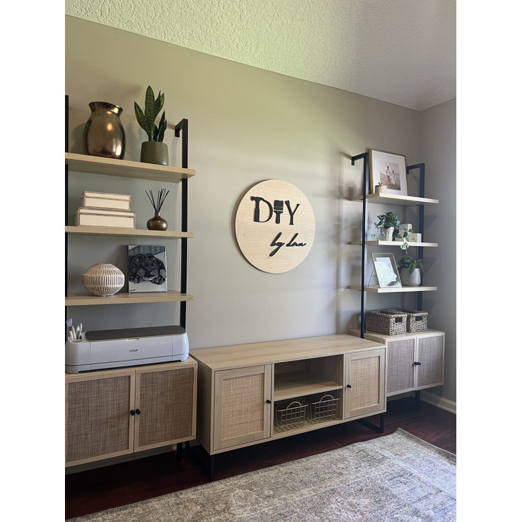 54'' Mina Matte Black and Light Oak Media Console with Rattan Cabinet Doors