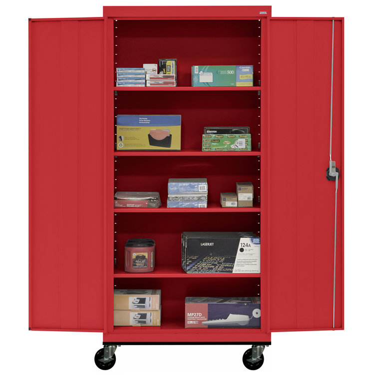 Red 78" Tall Lockable Steel Office Storage Cabinet with Adjustable Shelves