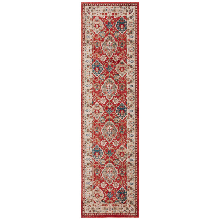 Elegant Red and Beige Floral Synthetic Runner Rug, 2'2" x 8'