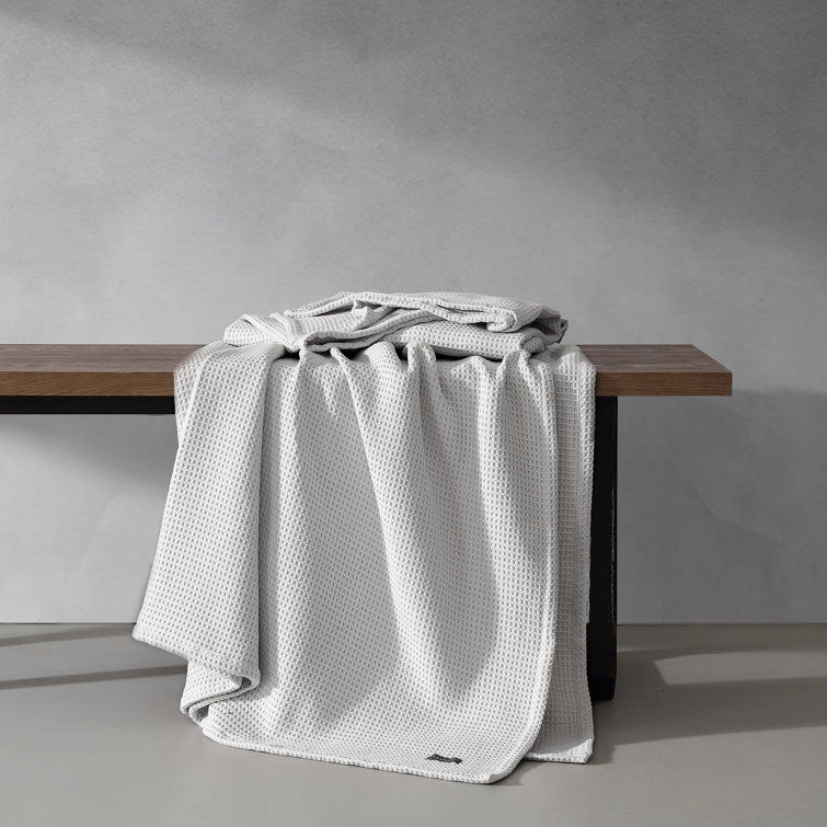 Waffleweave Soft Grey Cotton Twin Blanket with Reversible Knit