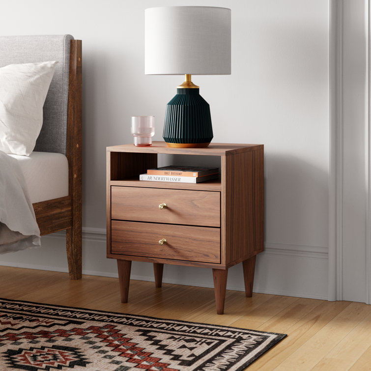 Brushed Walnut Mid Century 2-Drawer Solid Wood Nightstand