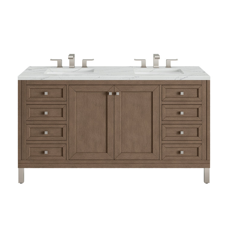 Walnut Whitewashed 60" Double Sink Vanity with Solid Surface Top