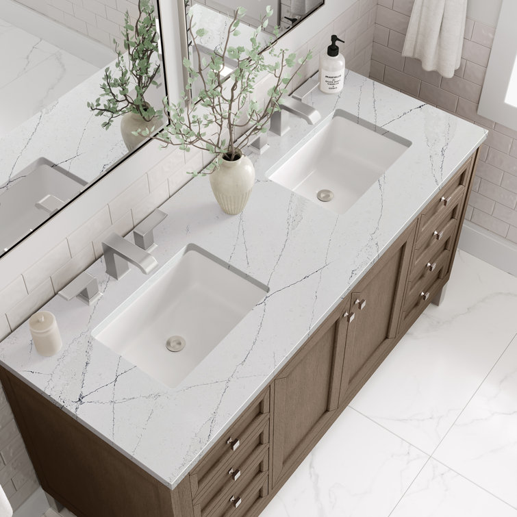Walnut Whitewashed 60" Double Sink Vanity with Solid Surface Top