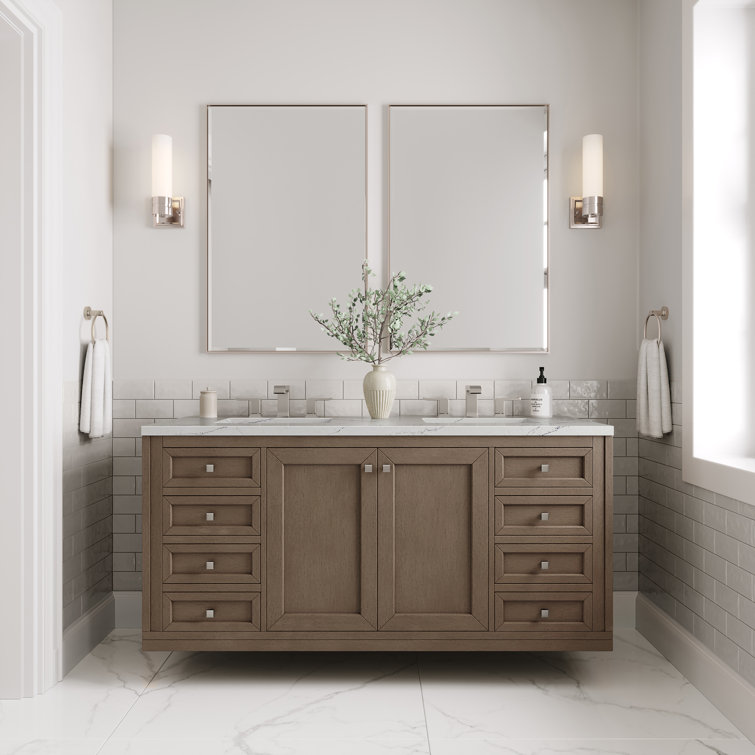 Walnut Whitewashed 60" Double Sink Vanity with Solid Surface Top