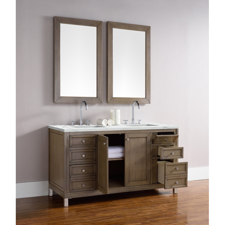 Walnut Whitewashed 60" Double Sink Vanity with Solid Surface Top