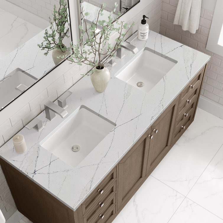 Walnut Whitewashed 60" Double Sink Vanity with Solid Surface Top