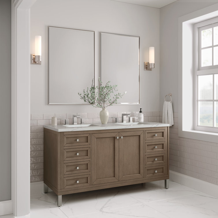Walnut Whitewashed 60" Double Sink Vanity with Solid Surface Top
