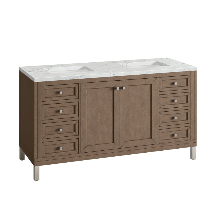 Walnut Whitewashed 60" Double Sink Vanity with Solid Surface Top