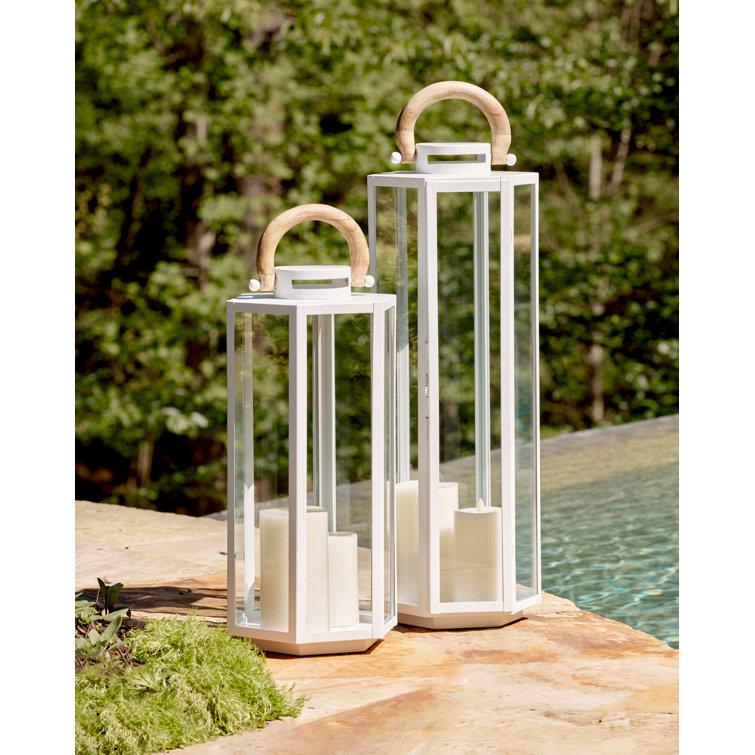 White Nautical Outdoor Lantern with Teak Handle