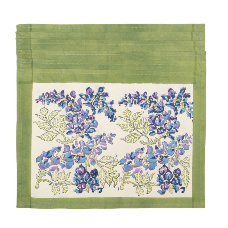 Kappa Blue and Green Floral Cotton Rectangle Placemats, Set of 6